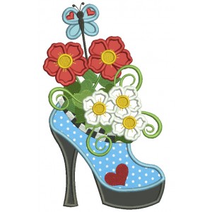 Lady's High Heel Shoe With Flowers Applique Machine Embroidery Design Digitized Pattern